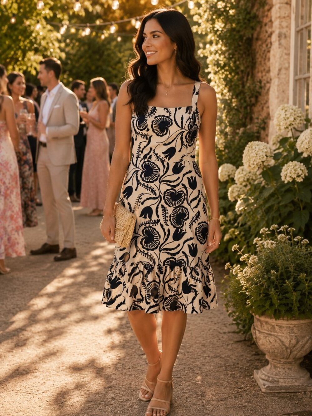 Ann Taylor Beige and Black Floral A-Line Dress with Ruffle at Bottom Size 8 1001
